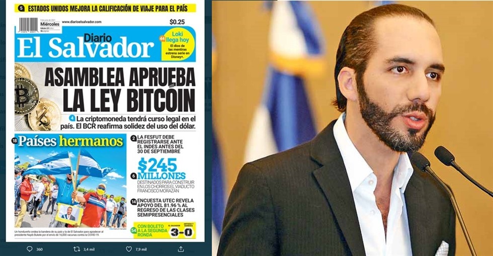 Nayib Bukele e a capa do jornal - Diario El Salvador. O dia em que El Salvador entrou para história do mundo moderno quando aprovou o bitcoin como moeda oficial do país. 