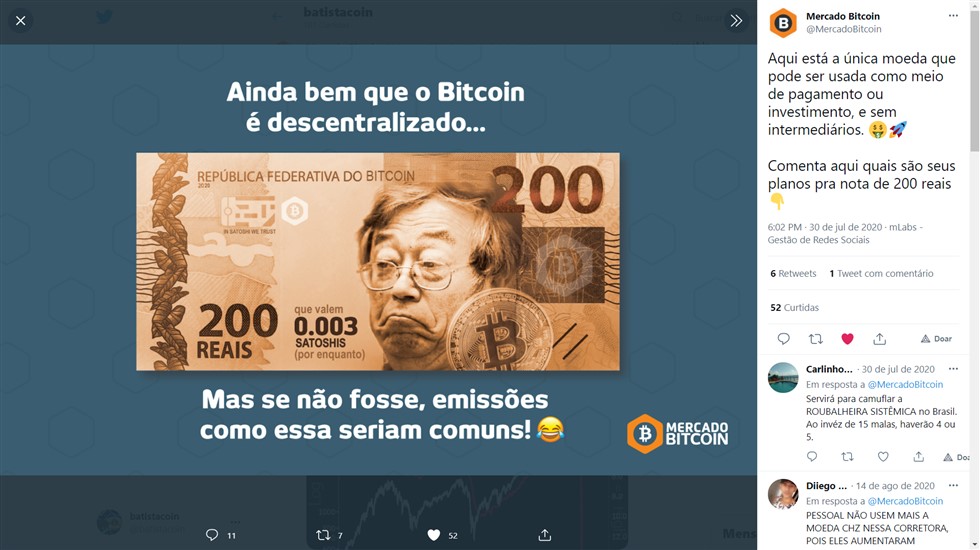 A nota de R$200 reais valia exatos 0,003 frações de bitcoins e, hoje, menos com essa queda, o seu poder de compra em bitcoins é muito maior.